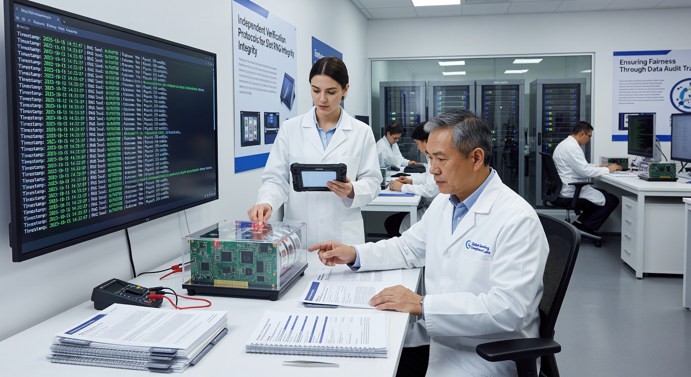 Independent lab technicians reviewing slot performance data on multiple computer screens in a controlled testing environment
