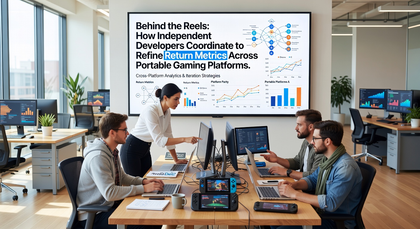 Independent developers reviewing return metrics on portable gaming devices during a coordination session