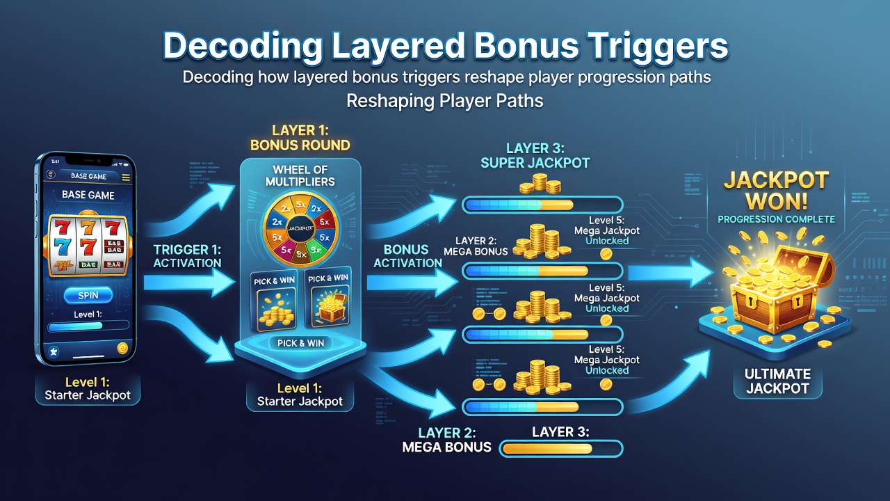 Infographic illustrating layered bonus trigger flow and player progression stages in mobile jackpot slots