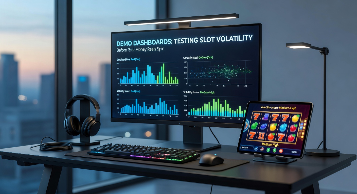 Close-up of volatility graphs from a demo dashboard, showing hit frequency, RTP trends, and win distribution over extensive spins