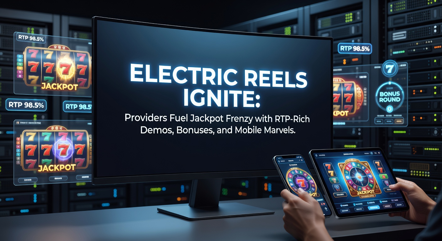 Vibrant electric reels spinning with jackpot lights and bonus symbols exploding across a dynamic slot screen