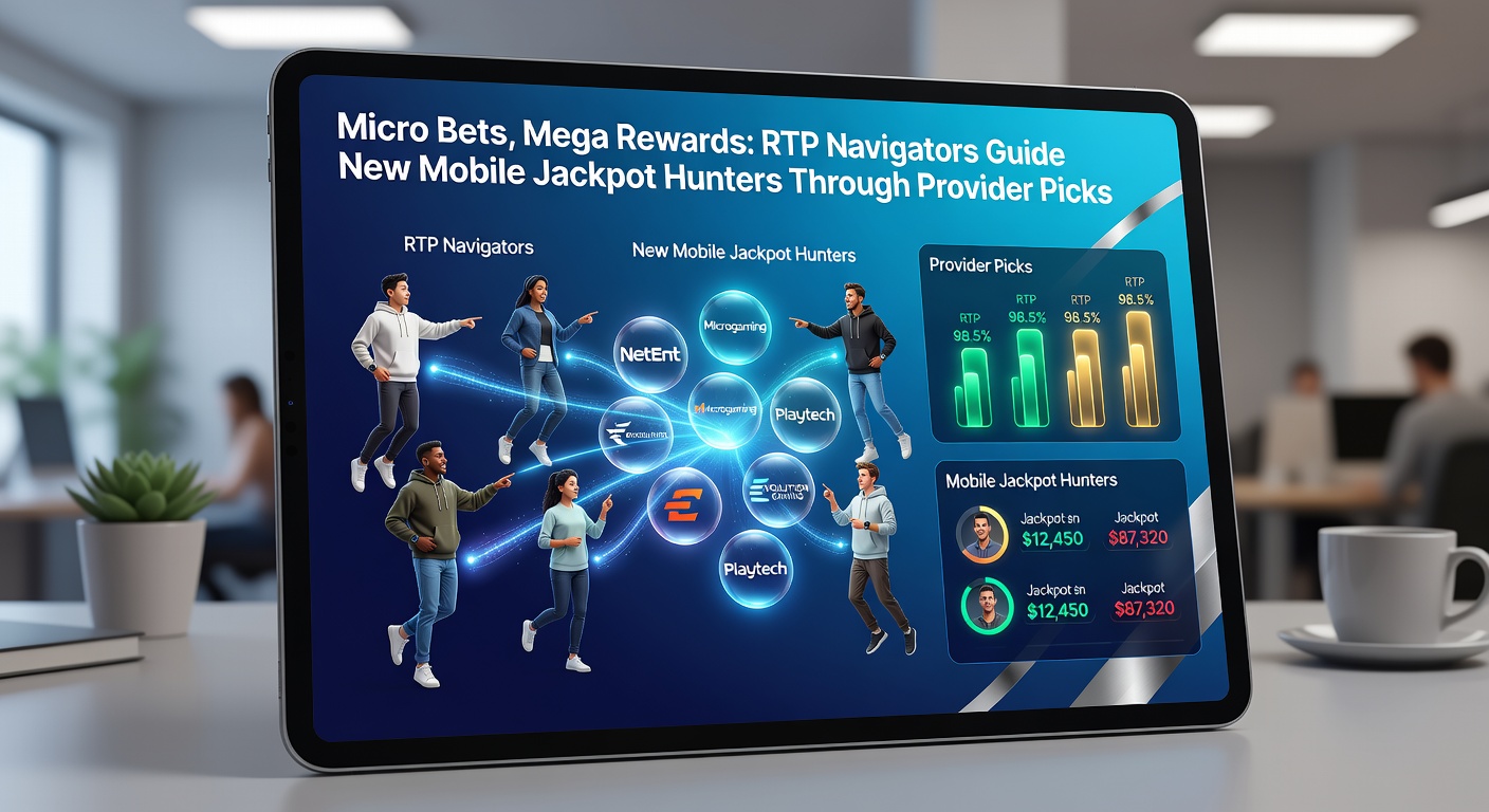 Collage of slot provider logos with jackpot wheels, RTP charts, and mobile devices displaying progressive counters