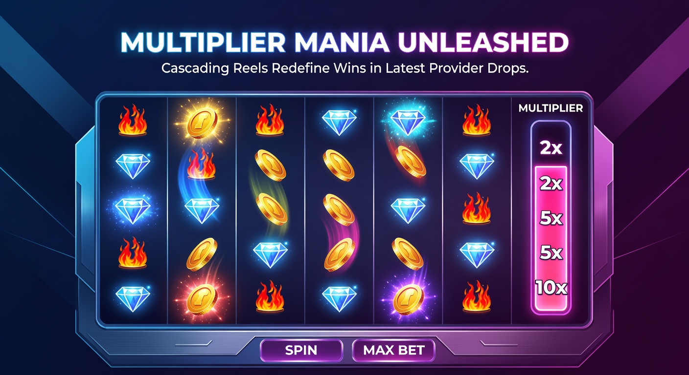 Explosive cascade sequence in a slot game, multipliers glowing red as wins chain and payouts skyrocket across the reels