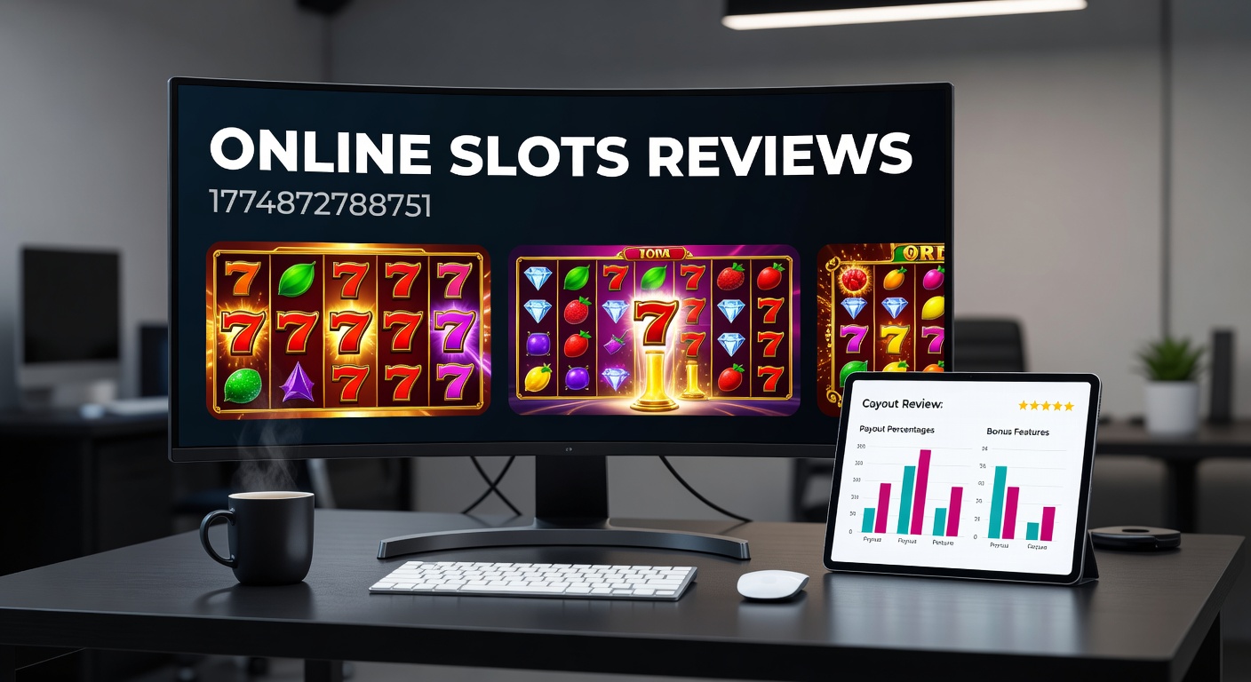 Vibrant online slot reels spinning with glowing RTP metrics and review icons overlayed, capturing the essence of detailed game analyses