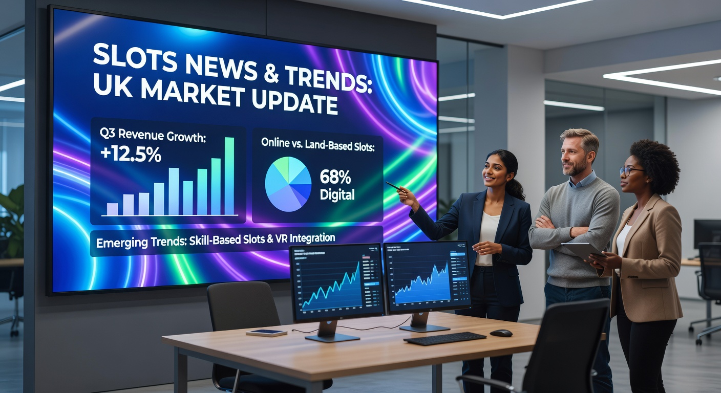Vibrant display of fruit and slot machines in a bustling UK pub, capturing the glow of lights and spinning reels amid lively patrons