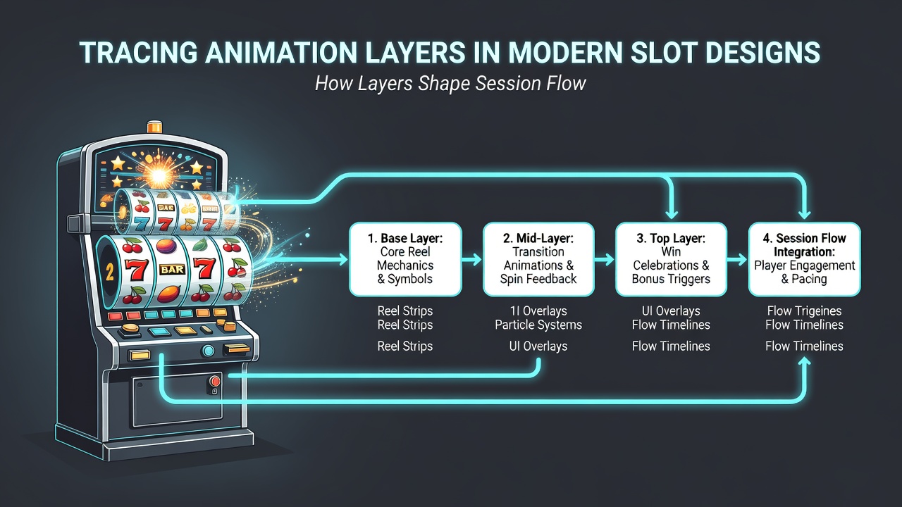 Layered animations in a modern slot game interface showing background effects and symbol transitions